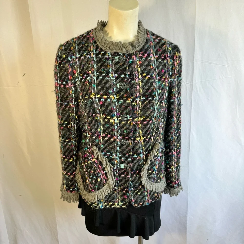 VINTAGE SINGLE BREAST BLAZER TWEED MULTICOLORE WOOL WOMEN SIZE SMALL - Picture 4 of 15